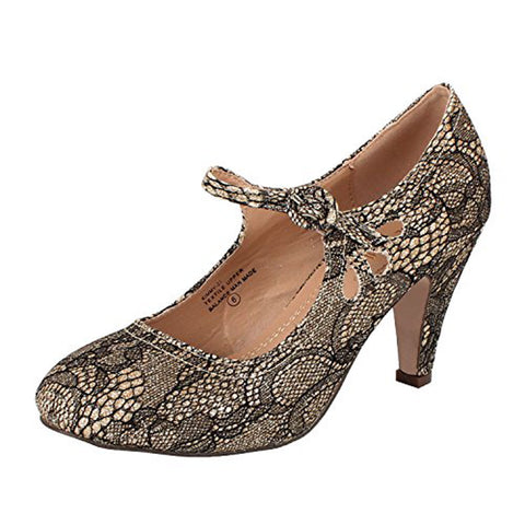Chase and Chloe Kimmy-21 Gold Lace Mary Jane Rounded Toe Kitten Heeled Pumps