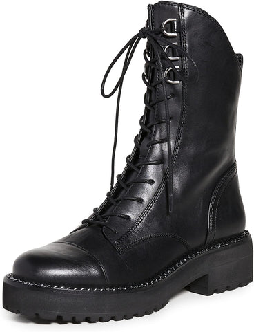 Sam Edelman Lenley Black Leather Chunky Heel Combat Lace Up Mid-Calf Boots