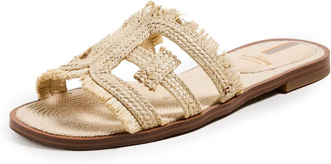 Sam Edelman Bay Natural Raffia Slide Mule Open-Toe Slip-On Leather Flats Sandals