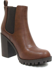 Soda Glove Chelsea w/Lug Sole Elastic Gore Chunky Heeled Ankle Boots Brown