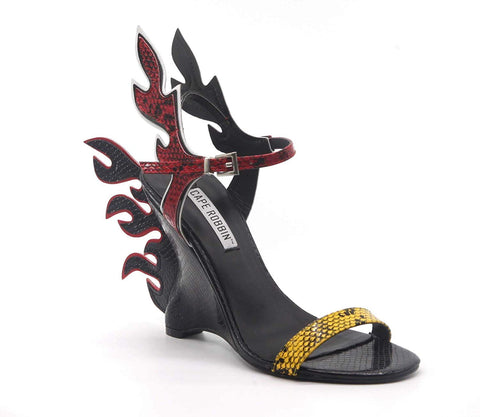 Cape Robbin Hell flame Black Snake Flame Ankle Strap Wedge Heels Sandals Pumps