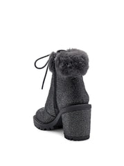 Jessica Simpson Deliah Pewter Rhinestone Fur Cuff Block Heel Combat Booties