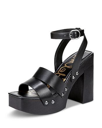 Sam Edelman Rosalind Black Leather Squared Toe Ankle Strap Block Heeled Sandals