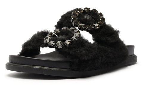 Schutz Ariel Black Winter Alpaca Hair Slip On Open Toe Embellished Flats Sandals