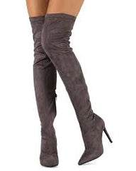 Liliana Gisele-7 Grey Suede Thigh High Stretchy Suede Pointed Toe Stiletto Boot