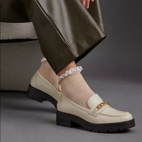 Sam Edelman Taelor Modern Ivory Gold Chain Slip On Round Toe Platform Loafers