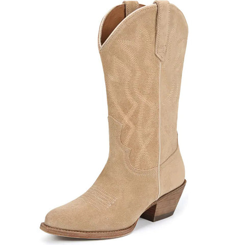 Sam Edelman Fuller Sand Suede Stacked Heel Pointed Toe Pull On Western Boots
