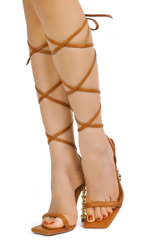 Cape Robbin Mindi Tan Leather Wrap Around Lace Up Gold Stiletto Square Toe Heels