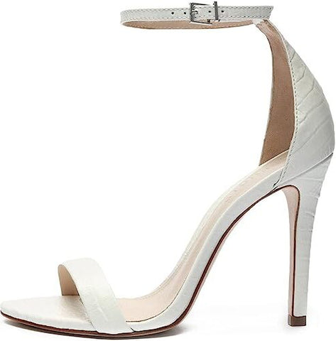 Schutz Cady-Lee White Crocodile Embossed Ankle Strap Open Toe High Heel Sandals