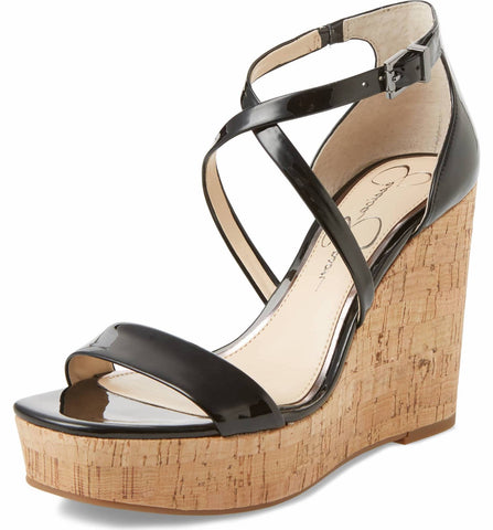 Jessica Simpson STASSI Black Patent Leather Platform Wedge Open Toe Sandals