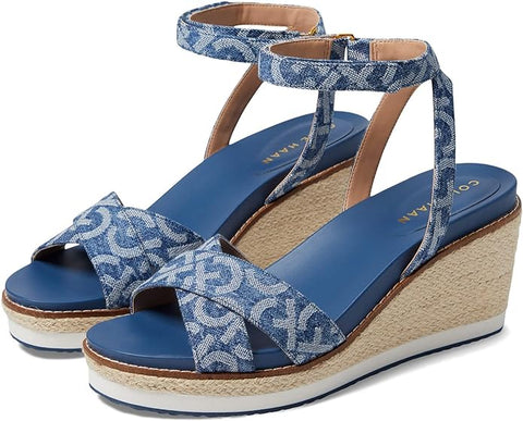 Cole Haan Cloudfeel Denim Jacquard Open Toe Ankle Strap Wedge Heeled Sandals