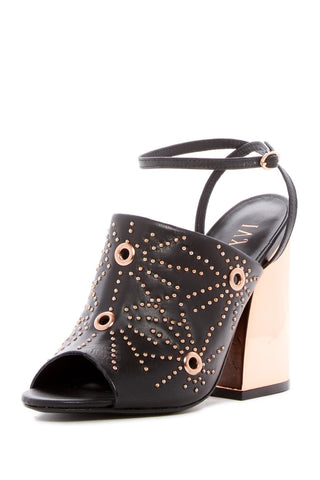 Ivy Kirzhner Epoque Black Peep-Toe Mule High Block Heel Gold Embellished Sandals