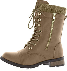 Forever Link Womens Mango-31 Taupe Knit Zipper closure Lace Up Combat Boots