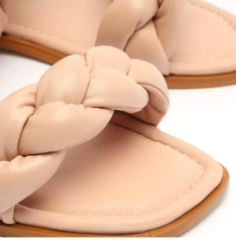 Schutz Soo Flat Pink Leather Braided Straps Slip On Open Toe Flat Heel Sandals
