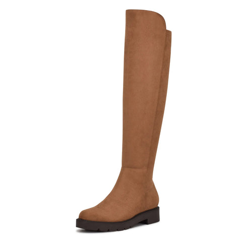 Nine West Tread2 Tan Suede Fashion Zipper Leather Round Toe Over The Knee Boots