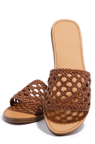 Shoe Republic Reims Cognac Tan Woven Vegan Leather Open Toe Flat Sandals