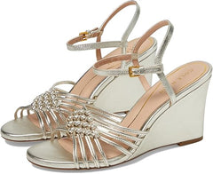 Cole Haan Jitney Knot Soft Gold Leather Ankle Strap Open Toe Wedge Heeled Sandal