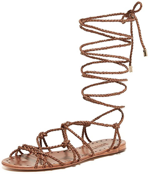 Schutz Kathleen Bark Brown Flat Wrap Around Braided Leather Gladiator Sandals