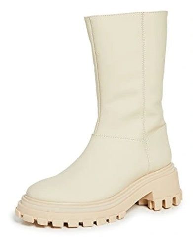 Schutz Juany Winter Egg Shell Rounded Toe Mid Calf Lug Sole Block Heeled Boots