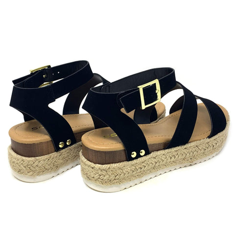 Soda Top Shoe Bryce Black Open Toe Strap Espadrilles Flatform Wedge Sandals (9)