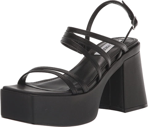 Steve Madden Bossy Black Leather Ankle Strap Open Toe Strappy Heeled Sandals