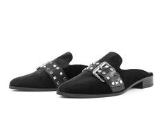 Shellys London Elon Black Velvet Flats Mules Slides Pointed Toe Buckle Slip On