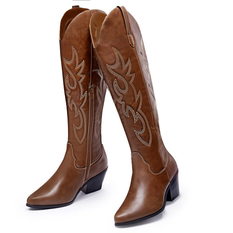 Brown Cowboy Brown Western Chunky Pointed Toe Zip Knee Platform Knee Boots 8