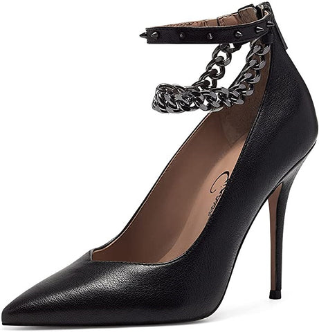 Jessica Simpson Witnee High Heel Black Leather Chain Ankle Pointed Toe Pumps