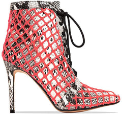 Privileged Volendam White Snake Coral Fishnet Lace Up High Heel Ankle Booties