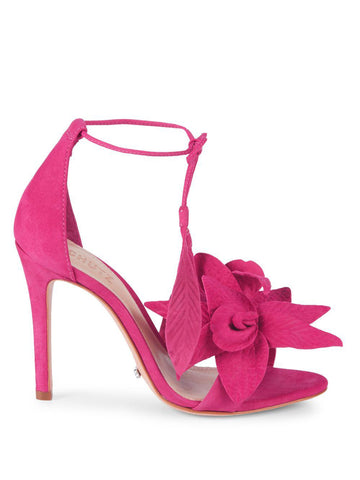 Schutz Thainy Bright Rose Fuschia Pink Suede Stiletto Sandals Flower Tie Up