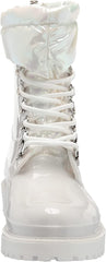 Nine West Keepit3 White Lace Up Rounded Toe Lugged Sole Leather Ankle Boots