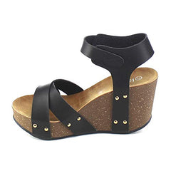 Refresh Mara-05 Black Fashion Ankle Strap Criss Cross Platform Wedge Sandals