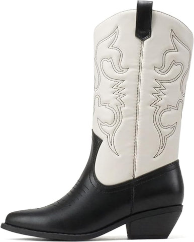 Soda Reno Black White Combo Pu Western Cowboy Pointed Toe Knee High Pull On Boot