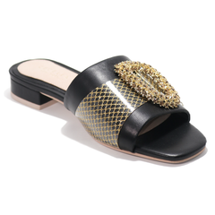 Cecelia New York MAUI Slide Sandal Black Leather Gold Embellished Flat Mule