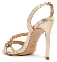 Schutz Court Gold Metallic Crystal Studs Pull On Open Toe Stiletto Heel Sandals