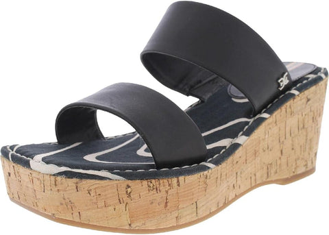 Sam Edelman Alissa Black Leather Slip On Double Straps Open Toe Wedges Sandals