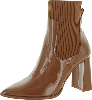 Steve Madden Scavenge Cognac Patent Pull On Pointed Toe Stylish Heeled Boots