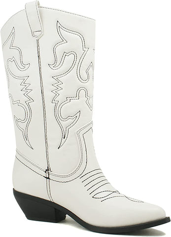 Soda Reno White/Black Pu Western Cowboy Stitched Pointed Toe Fashion Boots