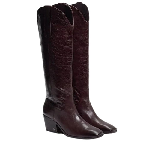 Sam Edelman Britten Wine Squared Toe Block Heel Leather Knee High Western Boots