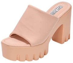 Cape Robbin Echoya Nude Slip On Block Heel Rounded Toe Fashion Heeled Sandals