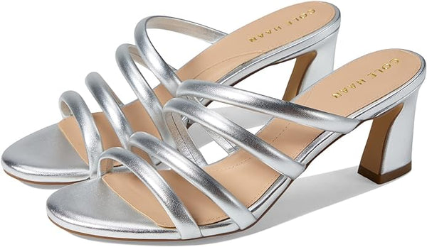 Cole Haan Adella Silver Metallic Squared Open Toe Slingback Block Heeled Sandals