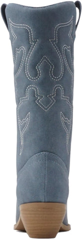 Soda Reno Blue Denim Western Cowboy Pointed Toe Knee High Pull On Western Boots