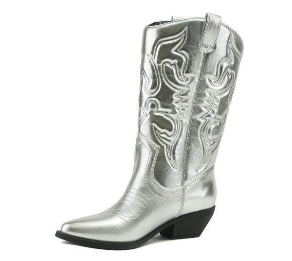 Soda Reno Silver Metallic Pu Western Cowboy Stitched Pointed Toe Fashion Boots