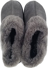 Clarks Indoor and Outdoor Grey Slipper Cozy Wool Mule Slip-On Fur Lined Clogs