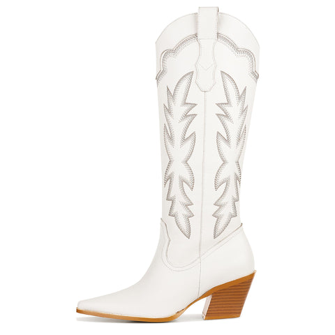 Erocalli Cowboy White Knee High Block Heel Pointed Toes Side Zipper Western Boots 7