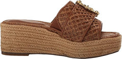 Sam Edelman Celia Cuoio Raffia Slip On Squared Open Toe Wedge Heeled Sandals