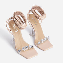 LuxeModa Reina Gem Detail Square Toe Lace Up Clear Perspex Pyramid Heel, NUDE