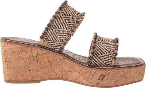 Sam Edelman Angelina Natural/Black Double Strap Slip On Open Toe Wedges Sandals