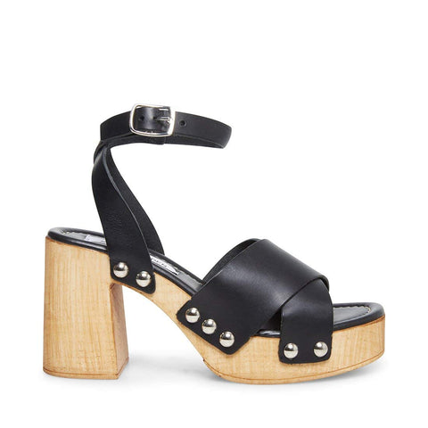 Steve Madden Masha Black Leather Dress Open Clog Wood Platfrom Open Toe Sandals