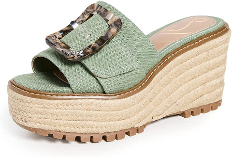 Sam Edelman Livi Soft Jade Squared Open Toe Slip On Buckle Detail Wedge Sandals